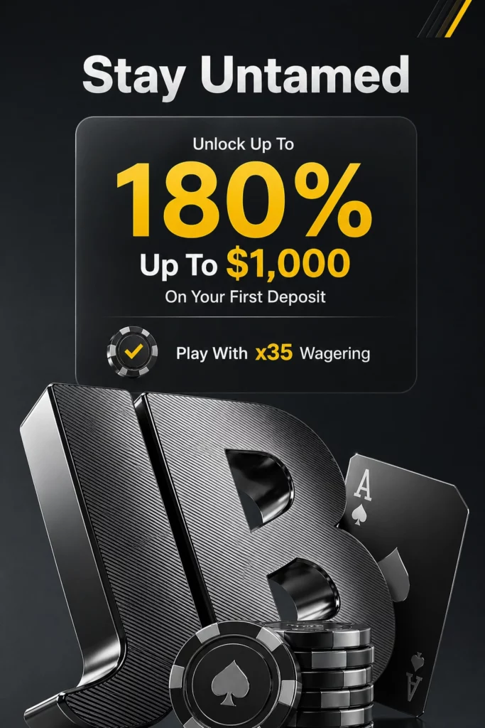 JB casino welcome bonus banner with 180 percent first deposit offer up to 1000 dollars wagering requirements poker chips ace card and premium dark design